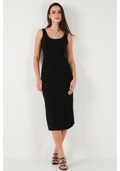 Lela Slim Fit Kalın Askılı Midi Bayan Elbise 5866154 Siyah