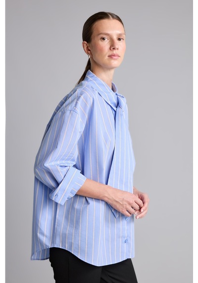 Defacto Oversize Kravat Yaka Çizgili Poplin Uzun Kollu Gömlek I7958ax26aube553 Mavi-be553