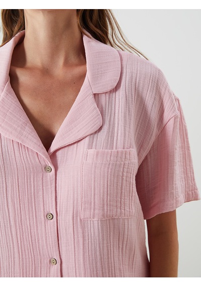 Lcw Dream Pembe Gömlek Yaka Müslin Kadın Şortlu Pijama Takımı