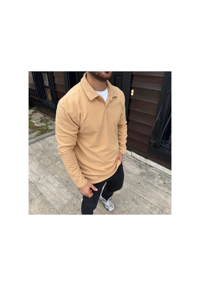 Erkek Fitilli Polar Sweatshirt Düğmesiz Yaka Oversize - Bej