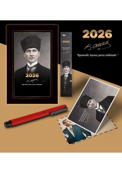 2026 Kalpaklı Atatürk Ajandası Ayraç Kartpostal Kalem - Kırmızı 103 Ivory