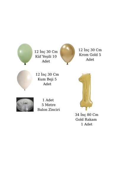 0 Yaş Retro Küf Yeşili Krom Gold Kum Beji Balon Seti Gold Rakam Doğum Günü Balonu Şık Parti Süsleme Çok Renkli