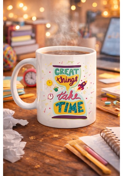 Great Things Take Time Porselen Kupa Model 130 Motivasyon Mesajlı Renkli Kupa, İlham Veren Kahve & Çay Kupası Diğer