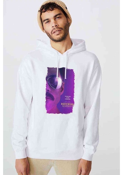 Queen Bohemıan Rhapsody Post Baskılı Beyaz Erkek Kapşonlu Sweat
