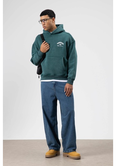 Vamos Oversize Yıkamalı Boxy Fit Kapüşonlu Sweatshirt Nefti Yeşil