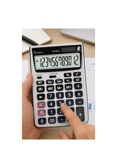 Hesap Makinesi Gri 13x18.5cm 1 Adet Ticon Ch-6312 12 Haneli Hafızalı Orta Boy Ofis Büro Masaüstü Hesap Makinası