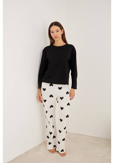 Siyah İnci Pamuklu Örme Pijama Takım7948 Beyaz Siyah Kalp