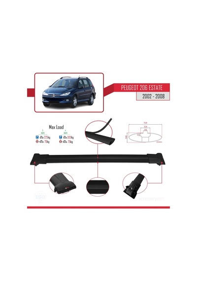 Peugeot 206 Estate 2002-2008 Arası İle Uyumlu Fly Model Ara Atkı Tavan Barı Siyah 3 Adet Bar