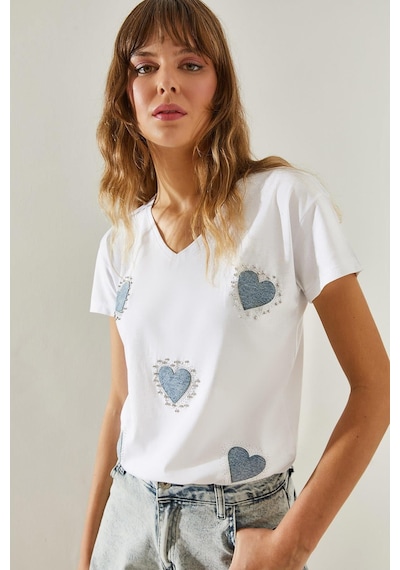 Shade Kadın V Yaka Yaka Kot Kalp Detaylı Taşlı T-shirt 60251412 - Beyaz