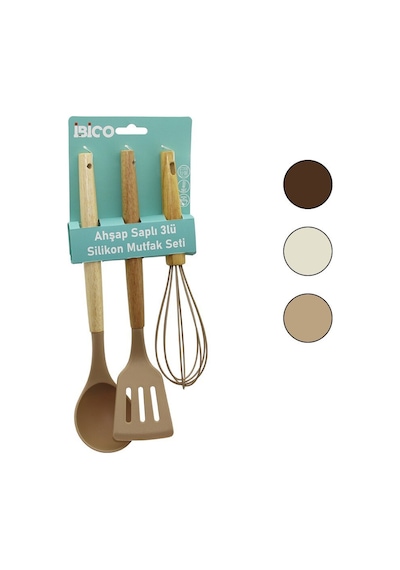 İbico İ22-008 3 Parça Renkli Silikon Mutfak Seti Ahşap Ve Bambu Saplı - 12'li Paket