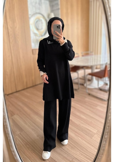 Ka Hijab Kolu Tüllü Merserize Takım - Siyah