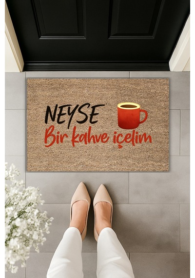 Rugmood Modern Dijital Baskı - Neyse Bir Kahve İçelim - Kapı Önü Paspası Kahverengi