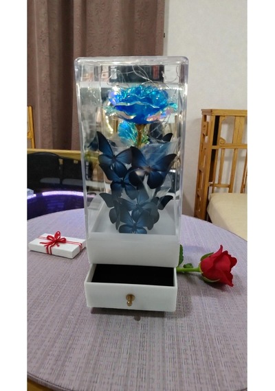 Sevgililer Gününe Özel Çekmeçeli Yüzük Koyulan Led Işıklı Gül Buket Boyut:22cm