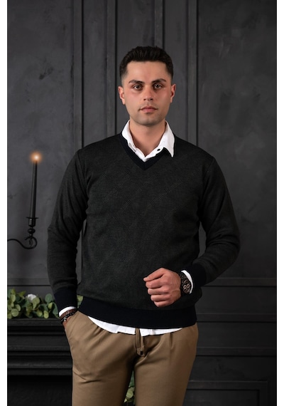 Woolen World Yünlü V Yaka Erkek Triko Kazak 001