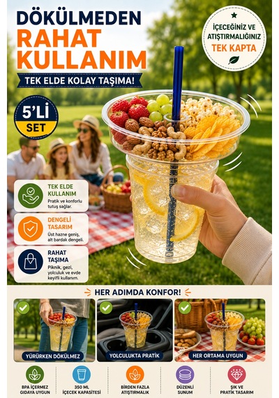 5'li Set Atıştırmalık Hazneli Bardak 350 Ml Pipetli Pet Piknik Sinema Parti İçecek Bardağı Seti 17 Cm Şeffaf
