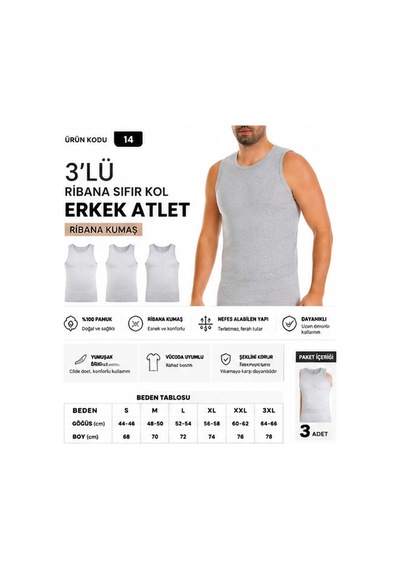Yıldız Çamaşır Erkek Ribana Sıfır Kol Bisiklet Yaka %100 Pamuk Fanila Atlet 10-11-14 - 3 Adet Gri