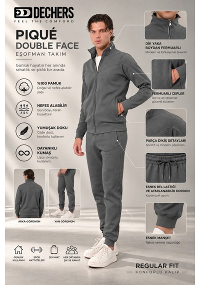 Dechers Erkek Antrasit Dik Yaka Fermuarlı Piqué Double Face Kumaş Regular Fit Eşofman Takım - E226 Dechers Erkek Antrasit Dik Yaka Fermuarlı Piqué Double Face Kumaş Regular Fit Eşofman Takım - E226