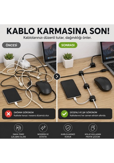 Polham 6 Lı Set Klipsli Kablo Tutucu Yapışkanlı Masaüstü Kablo Düzenleyici, Şarj Usb Mouse Kulaklık Kablo Sabitleyici