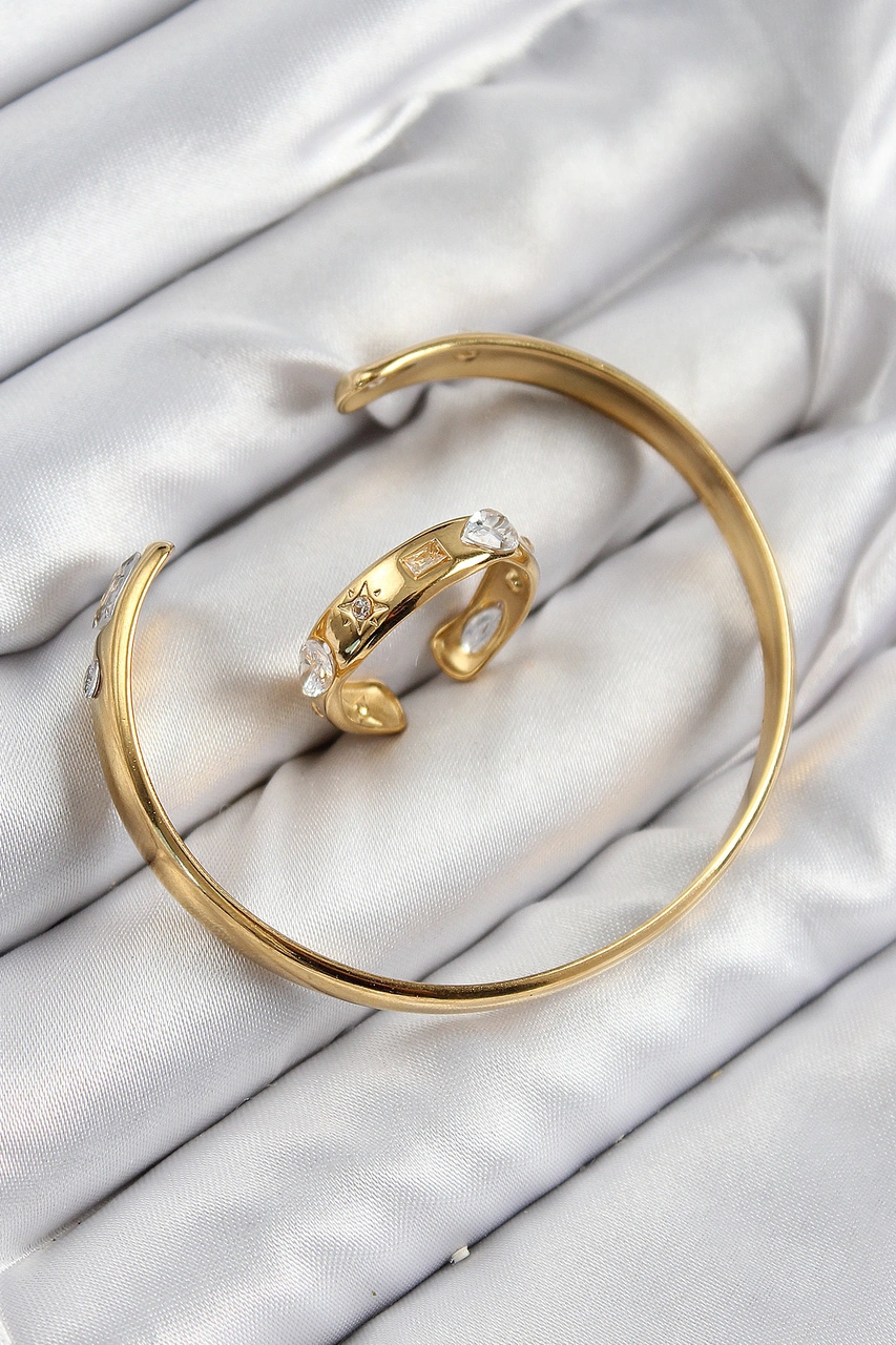 Nova Bazaar Pirinç Zirkon Taşlı Ayrık Model Gold Renk Bileklik Yüzük Set Altın