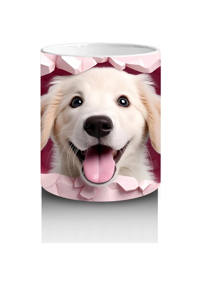 Pembe Kalp Duvarı Delen Sarı Köpek Baskılı Kahve Kupası Renkli