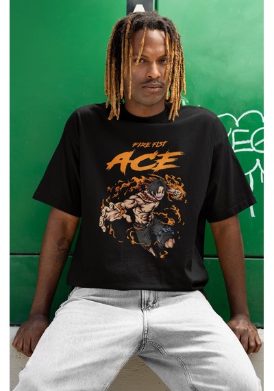 Fire Fist Ace Portgas D. Ace Baskılı Unisex Oversize One Piece An Siyah