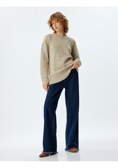 Koton Basic Triko Tunik Bisiklet Yaka Uzun Kollu Kahverengi 5wal60002ıt Kahve