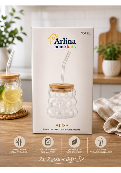 300 Ml Üzüm Model Bambu Kapaklı Cam Pipetli Bardak Şeffaf