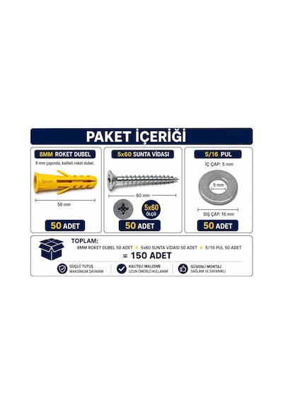 Vida Dubel Pul Seti 5x60/8mm Roket Dubel/5-16pul Diğer