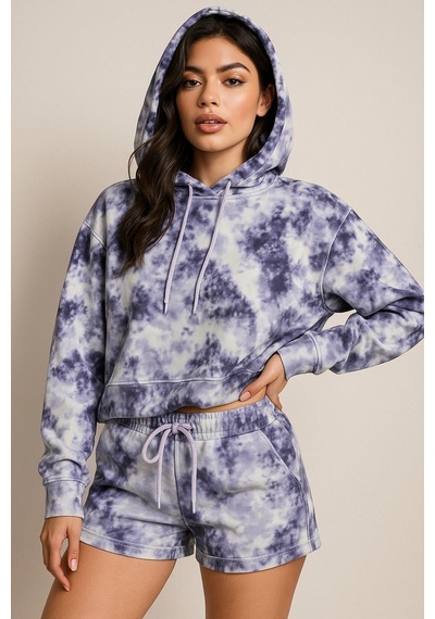 Rich Kadın Lila Kapüşonlu Sweatshirt-şortlu Alt Üst Takım Oversize Batik Desen İkili Takım Çok Renkli