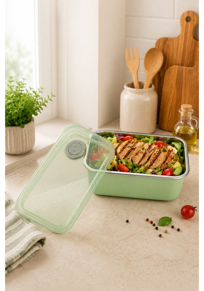 Paslanmaz Çelik Vakumlu Saklama Kabı,fırın Ve Kek Kabı 1300 Ml - Tarih Ayarlı Yeşil - 893820016 Yeşil