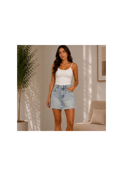 Ts-slml-dnm-tk-3 Taş İşlemeli Denim Kot Etek Açık Mavi