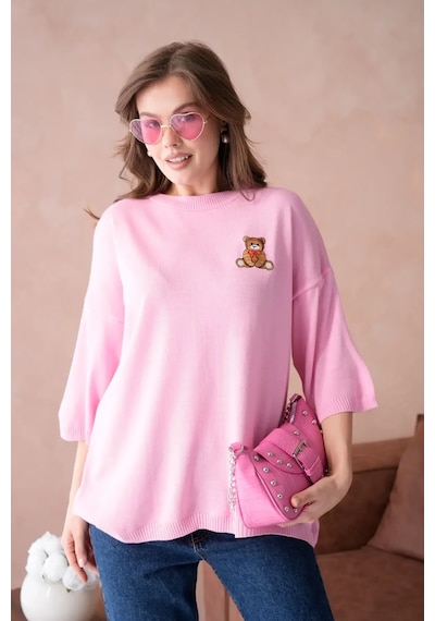 Park Karon 10729 Kadın Bisiklet Yaka Nakış Detay Oversize Trko Kazak Pembe
