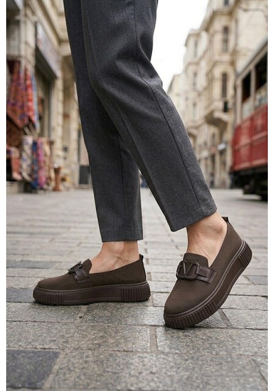 Fort Ventes 346411 Rahat Toka Aksesuarlı Triko Loafer Kadın Ayakkabı Kahverengi