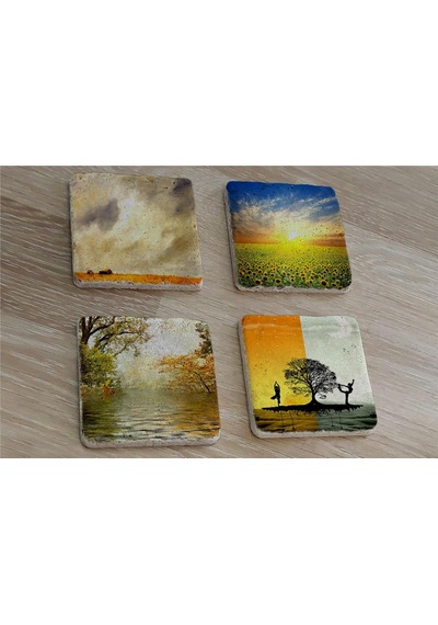 Yoga Denge Ve Gün Btımı Manzaralar Doğal Taş Bardak Altlığı 4'lü Set - Natural Stone Coasters - Taş Çok Renkli