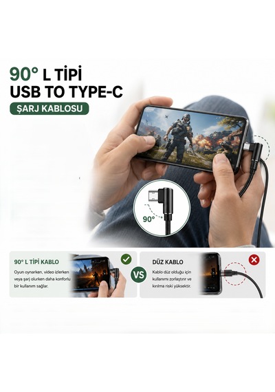 90 L Tipi Usb To Type-c Şarj Kablosu Kırılmaya Karşı Dayanıklı Diğer