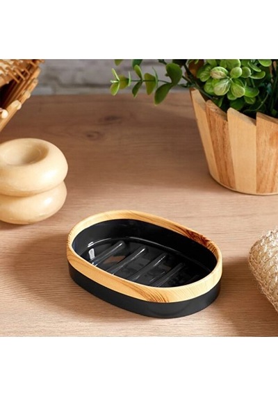 Bersachef Limpia Bambu Desenli 5'li Banyo Seti Çöp Kovası Sıvı Sabunluk Diş Fırçalık Kutusu Banyo Seti Siyah