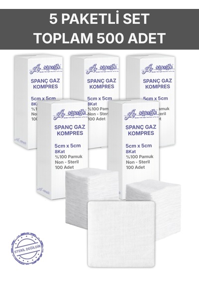 Ağaoğlu Spanç Gazlı Bez 5x5cm 8 Katlı 500 Adet - Yüksek Emici, Yapışmayan, Nefes Alabilir %100 Pamuk