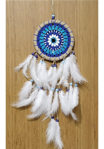 Nazar Boncuğu Desenli Dream Catcher El Yapımı Kuş Tüylü Rüya Kapanı Duvar Süsü