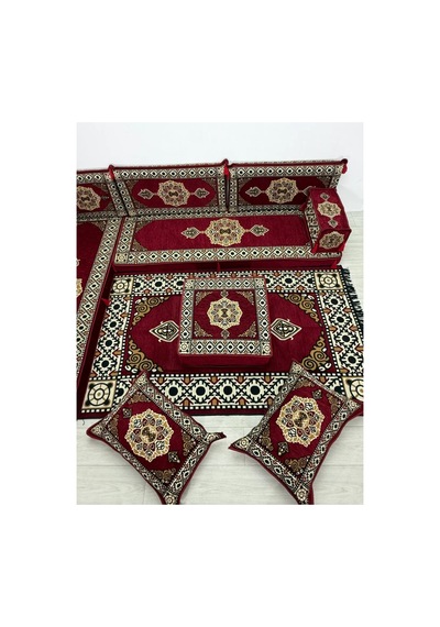 Güneş Modeli Bordo Otantik Şark Köşesi Takımı L Set - Geleneksel Yer Minderi Seti 10 Cm Minder Kalınlığı 13 Parça