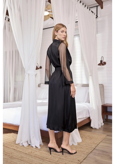 Aria's Closet Herşeytrend Dantelli Tüllü Ve Dekolteli Saten Sabahlık Takımı Siyah