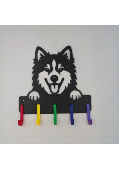 Husky Köpek Figürlü Dekoratif Renkli Anahtarlık Ve Duvar Askılığı - 3d Yazıcı Baskı - 21x22 Cm