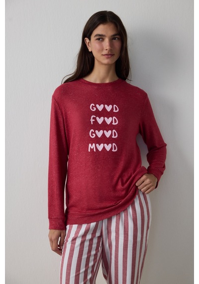 Penti Bordo Good Mood Slogan Baskılı Termal Etkili Sweatshirt Pijama Üstü
