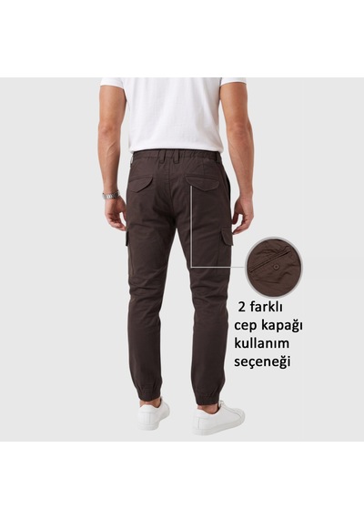 Deepsea Erkek Slim Fit Likralı Koyu Kahve Kargo Jogger Pantolon İpli Bel Lastikli Paça 1601569