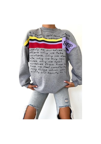 Femelle Yeni Sezon Selfie Baskılı Pamuklu Oversize Sweatshirt Gri