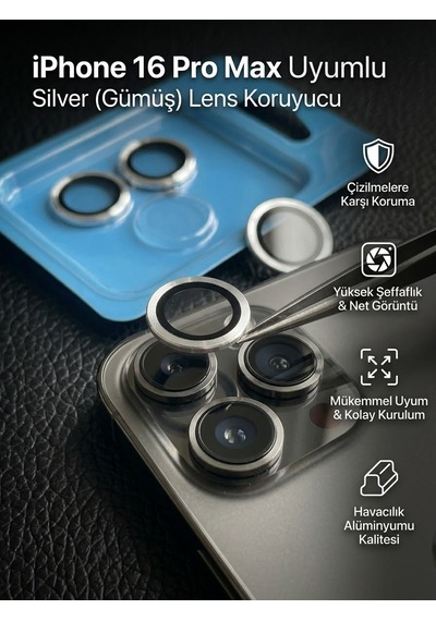 Apple iPhone 16 Pro Max Uyumlu Kamera Koruyucu Lens Silver Gümüş Telefon Kamera Koruyucu Lens