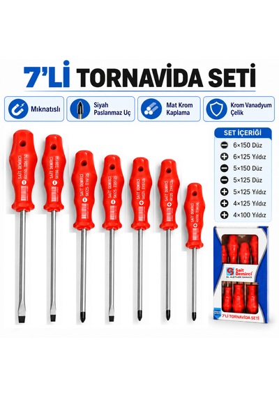 7 Li Profesyonel Tornavida Seti Mıknatıslı Cr-v Çelik Düz Yıldız Mat Krom Kaplama