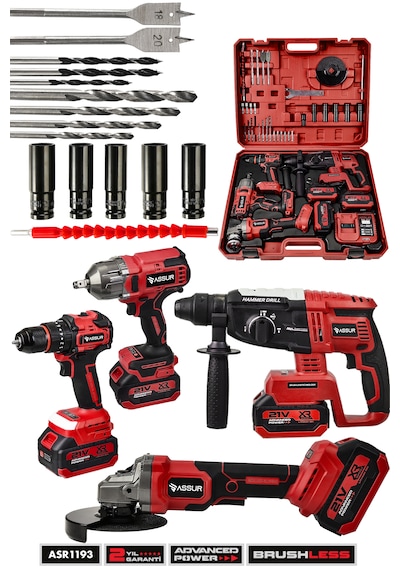 Assur ASR1193-02-04 21V Darbeli Kömürsüz 4'lü Set Kırmızı