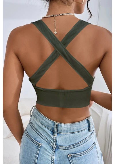 Terapi Men Kadın Haki Çapraz Sırt Detaylı Crop Top Bluz Haki