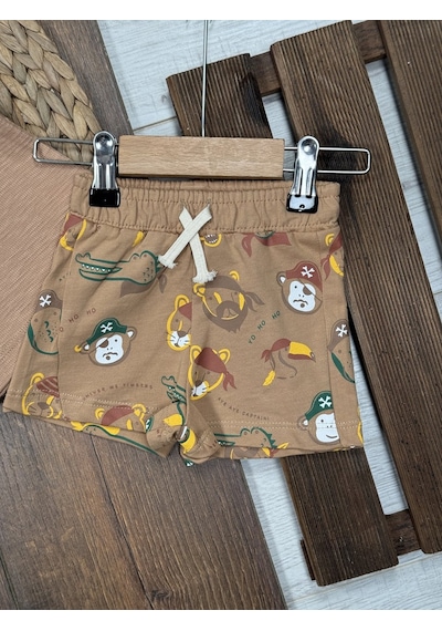 Aydınlar Bebe Pamuk Yelken Nakış Detaylı Waffle Kumaş Şortlu Erkek Bebek 2li Takım Kahverengi
