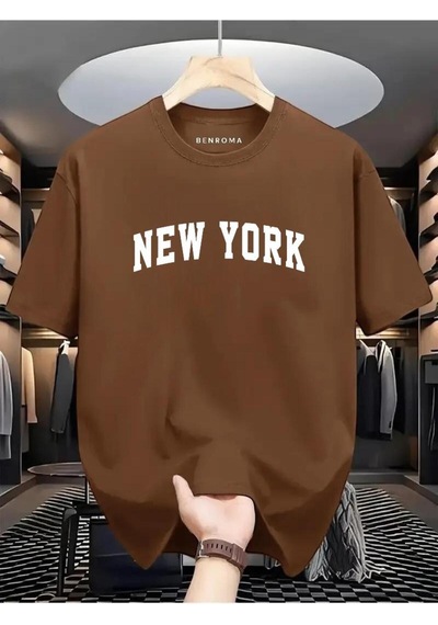 New York Beyaz Baskılı Oversize Tişört Kahverengi
